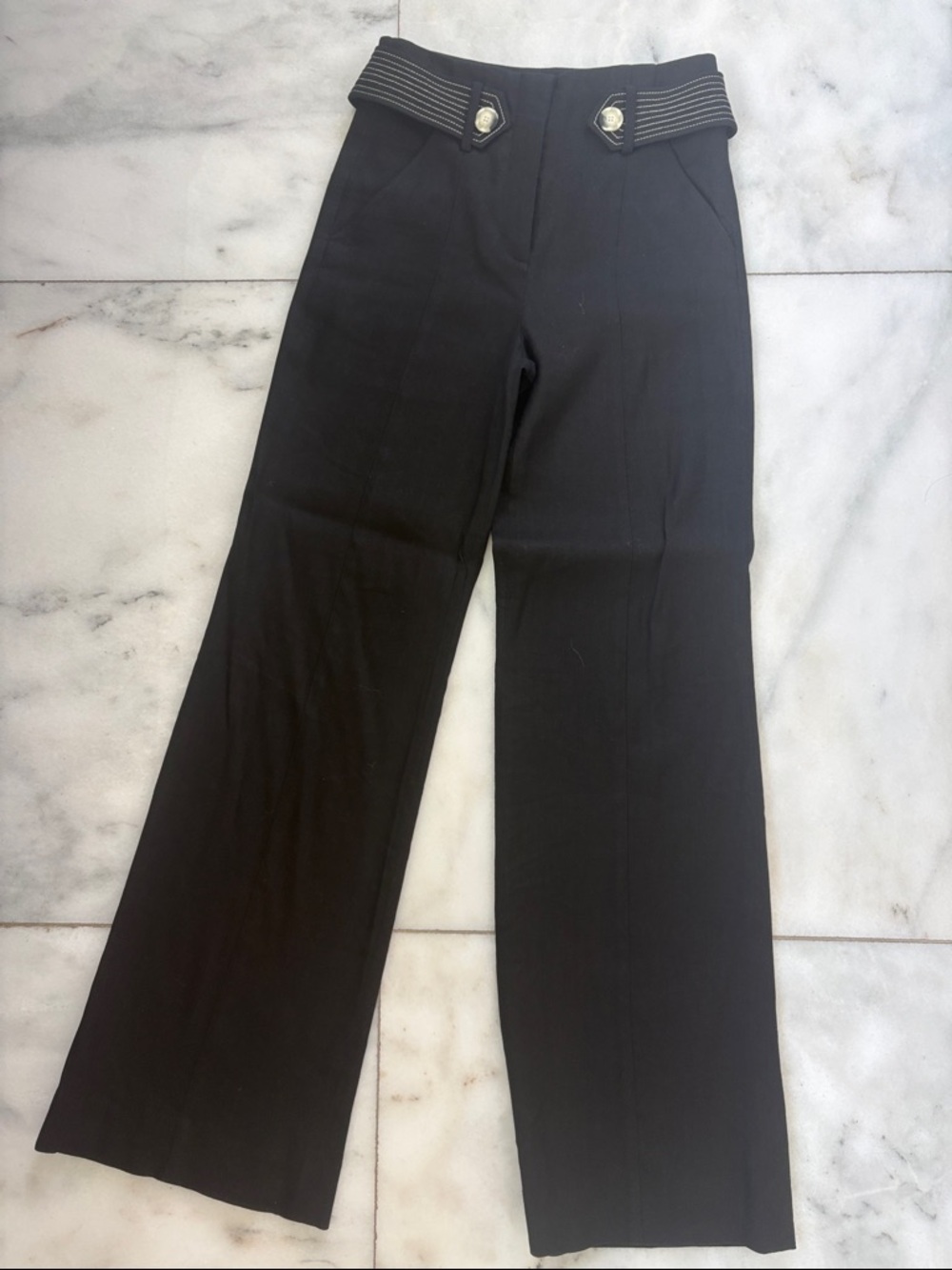 Veronica Beard Black Wide-Leg High-Rise Pants with Striped Waistband